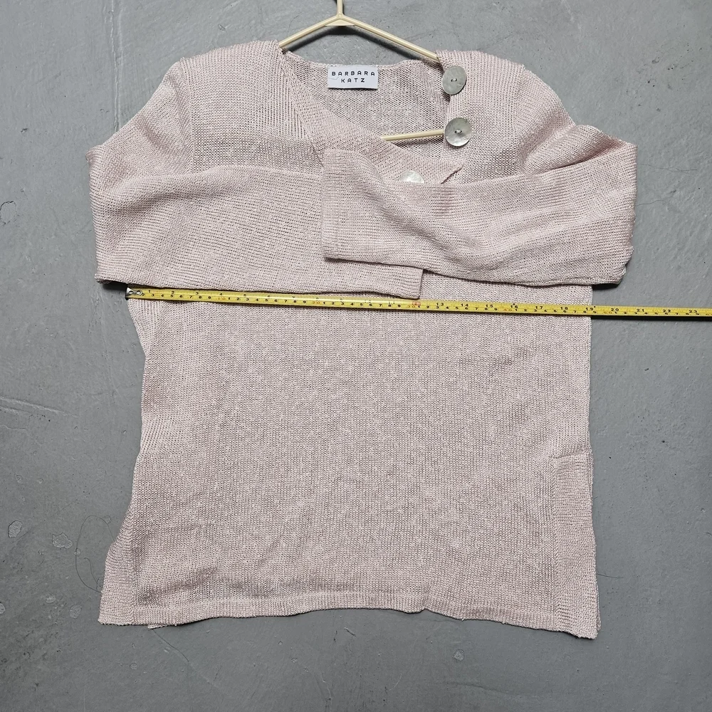Vintage Barbara Katz Feather Pink Sz M Lenin Blend Knit Bliuse Shell Button - Picture 13 of 16